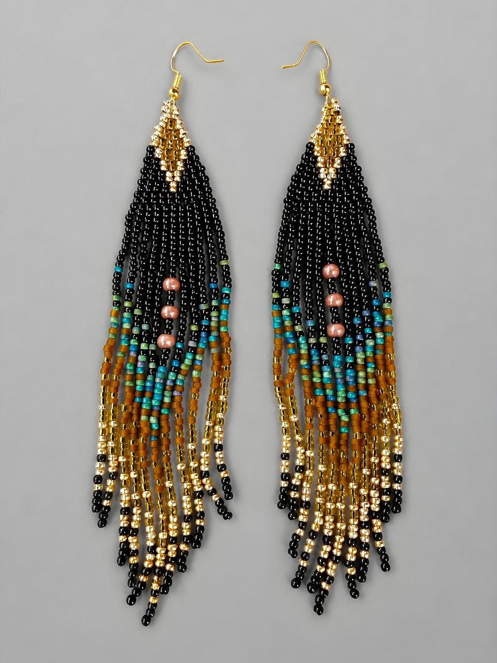 Jinni Boho Fringe Whimsigoth Beaded Earrings - Black Bronze